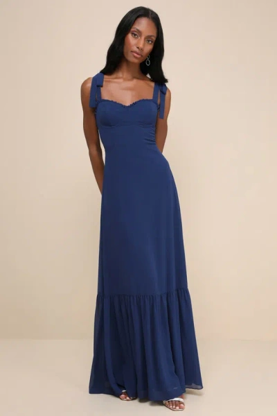 Lulus Truly Gorgeous Dark Blue Ruffled Bustier Tie-strap Maxi Dress
