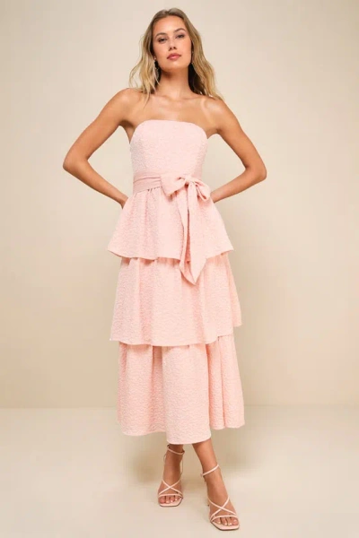 Lulus Truly Marvelous Blush Pink Jacquard Strapless Tiered Midi Dress