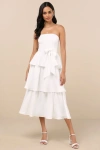 Lulus Truly Marvelous White Jacquard Strapless Tiered Midi Dress In Animal Print
