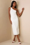 Lulus Truly Poised Ivory Textured 3d Floral One-shoulder Midi Dress In Ivory