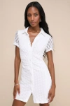Lulus Truly Pristine White Mesh Floral Ruched Button-up Mini Dress In White