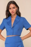 Lulus Truly Sophisticated Royal Blue Short Sleeve Cropped Blazer Top In Royal Blue