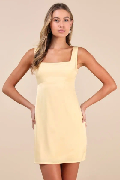 Lulus Truly The Cutest Light Yellow Satin Square Neck Mini Dress