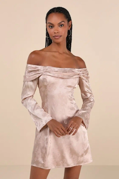 Lulus Truly Yours Blush Satin Jacquard Off-the-shoulder Mini Dress In Pink