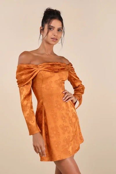 Lulus Truly Yours Copper Satin Jacquard Off-the-shoulder Mini Dress In Orange