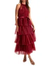 Lulus Wondrous Glamour Wine Red Tulle Tiered Halter Midi Dress In Pink