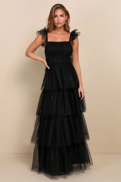 Lulus Tulle For Love Black Mesh Tulle Tiered Ruffled Maxi Dress