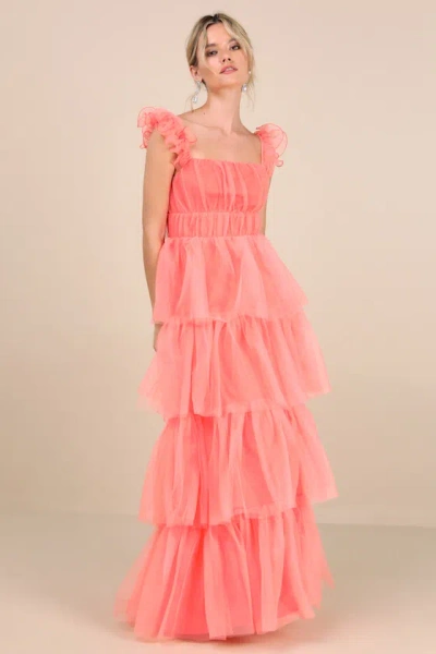 Lulus Tulle For Love Coral Pink Mesh Tulle Tiered Ruffled Maxi Dress