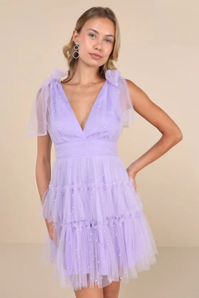 Lulus Tulle-proof Lavender Tulle Beaded Tie-shoulder Tiered Mini Dress In Purple