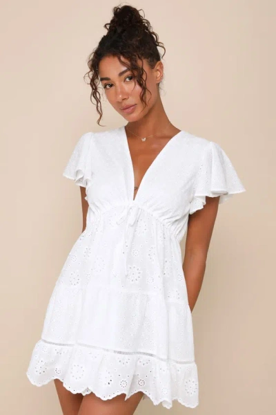 Lulus Tuscan Charm White Eyelet Embroidered Flutter Sleeve Mini Dress