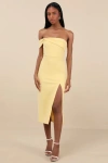 Lulus Twist And Make Up Light Yellow One-shoulder Bodycon Midi Dress In Light Yellow
