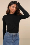 Lulus Twist Time Black Ribbed Twisted Mock Neck Long Sleeve Bodysuit In Black