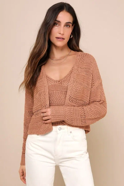 Lulus Two Sweet Light Brown Pointelle Knit Top And Cardigan Set