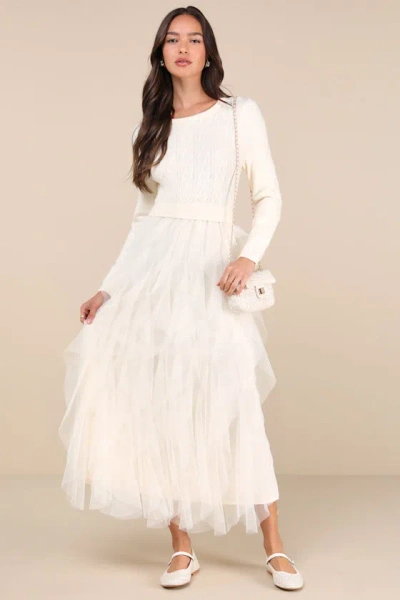 Lulus Ultimate Beauty Ivory Cable Knit Ruffled Tulle Maxi Dress