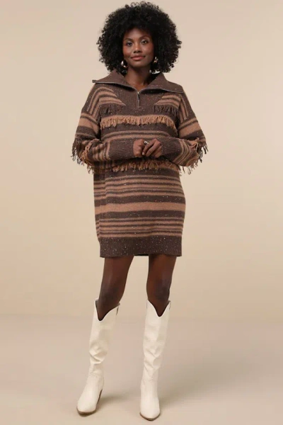 Lulus Ultimate Coziness Brown Striped Quarter-zip Sweater Mini Dress