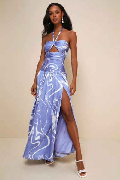 Lulus Ultimate Desire Periwinkle Abstract Print Satin Maxi Dress In Purple