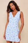 Lulus Ultimate Sweetie Blue Floral V-neck Sleeveless A-line Mini Dress In Blue
