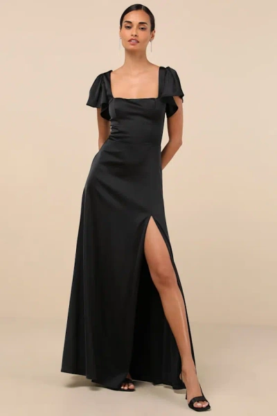 Lulus Ultimate Sweetness Black Satin Flutter Sleeve Maxi Dress