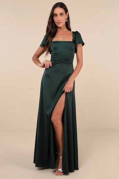 Lulus Ultimate Sweetness Emerald Green Satin Flutter Sleeve Maxi Dress