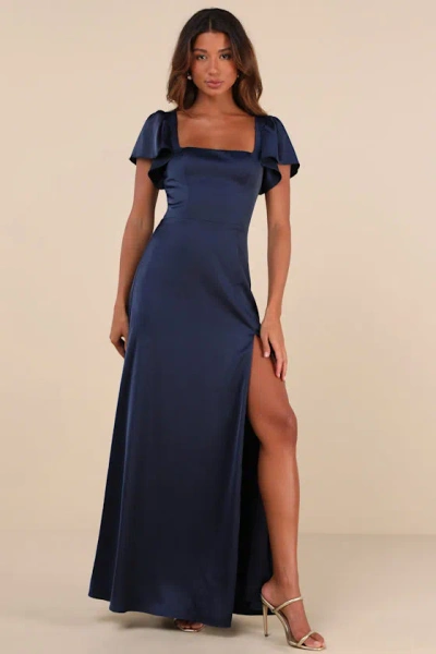 Lulus Ultimate Sweetness Navy Blue Satin Flutter Sleeve Maxi Dress