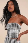 Lulus Ultra Darling Black And White Gingham Tweed Strapless Crop Top In Black And White