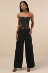 Lulus Unbelievable Allure Black Sheer Lace Wide-leg Trouser Pants In Black