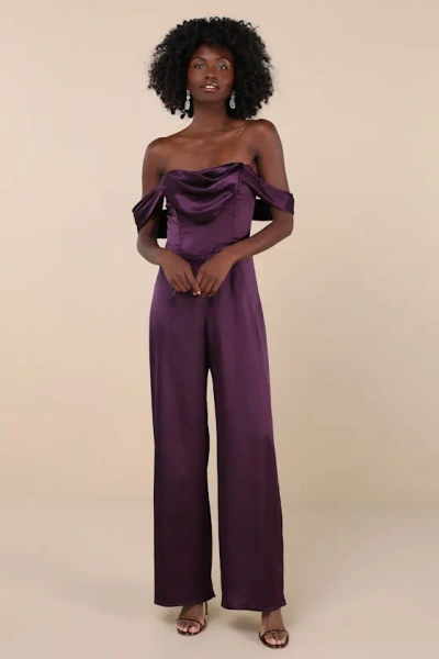 Lulus Unbelievable Aura Dark Purple Satin Off-the-shoulder Jumpsuit