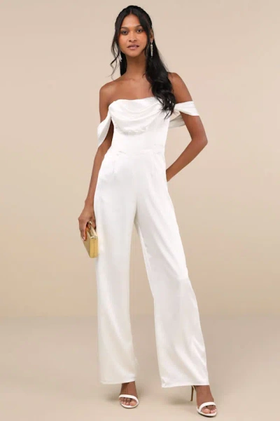 Lulus Unbelievable Aura White Satin Off-the-shoulder Jumpsuit