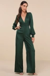 Lulus Unbelievable Chicness Green Satin Long Sleeve Wide-leg Jumpsuit In Green