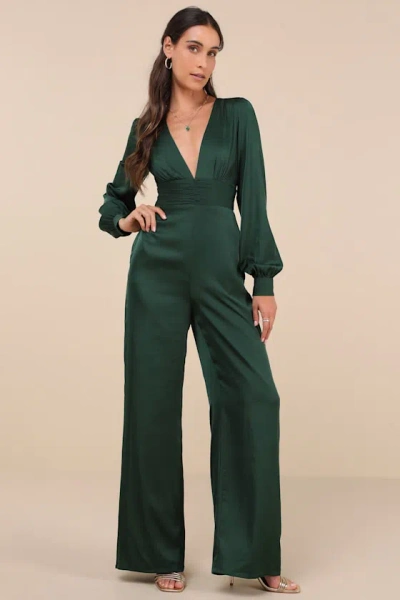 Lulus Unbelievable Chicness Green Satin Long Sleeve Wide-leg Jumpsuit