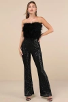 Lulus Unbelievable Energy Black Sequin Feather Strapless Jumpsuit In Black
