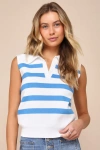 Lulus Unbelievably Chic White Striped Collared Sleeveless Sweater Top In White