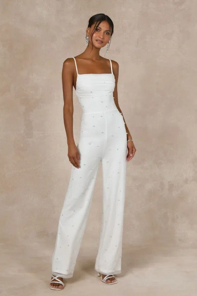 Lulus Unbelievably Divine White Mesh Pearl Lace-up Jumpsuit