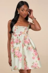 Lulus Unbelievably Lovely Sage Floral Babydoll Empire Waist Mini Dress In Green