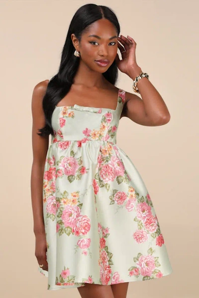 Lulus Unbelievably Lovely Sage Floral Babydoll Empire Waist Mini Dress In Green