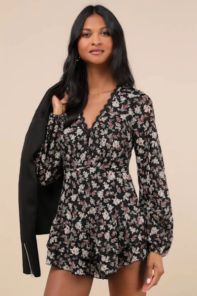 Lulus Undeniable Delight Black Floral Lace Ruffled Long Sleeve Romper