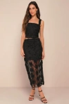 Lulus Undeniable Effect Black Sheer Lace Rosette Midi Skirt In Black