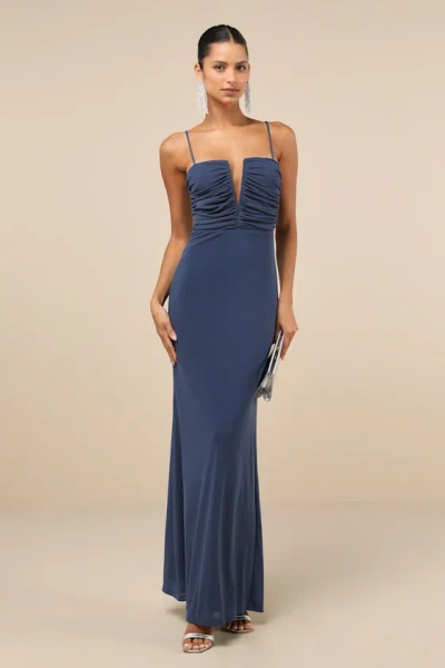 Lulus Undeniable Elegance Dark Slate Blue Mesh Ruched Maxi Dress