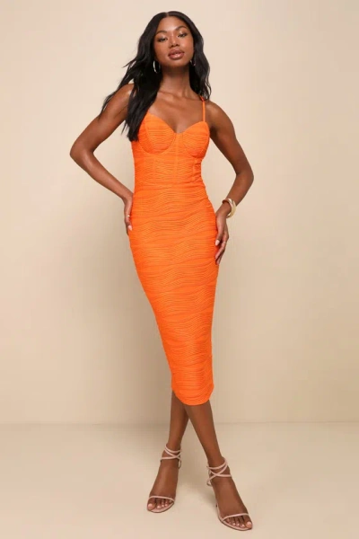 Lulus Undeniable Icon Orange Textured Bustier Bodycon Midi Dress