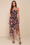Lulus Undeniably Gorgeous Black Floral Ruffled Lace-up High-low Dress In Black