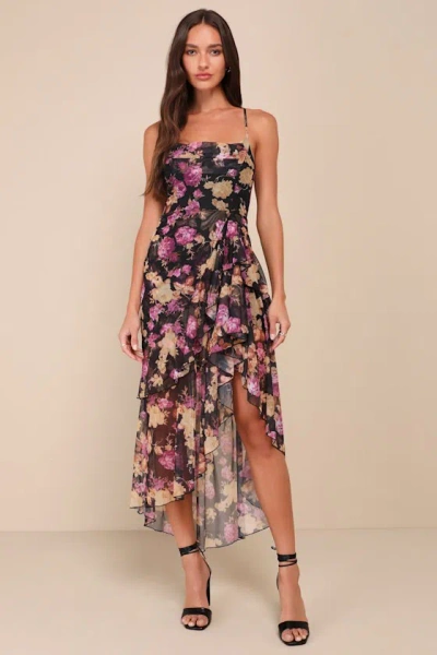 Lulus Undeniably Gorgeous Black Floral Ruffled Lace-up High-low Dress