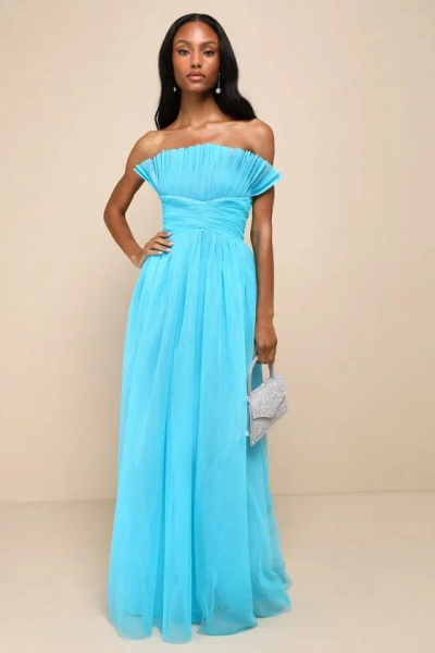 Lulus Undeniably Iconic Teal Blue Tulle Pleated Strapless Maxi Dress
