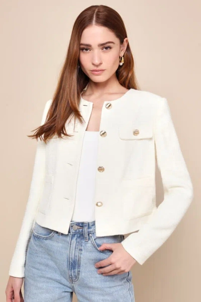 Lulus Undeniably Poised Cream Tweed Crew Neck Button-front Blazer In White