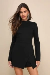Lulus Undeniably Stylish Black Backless Long Sleeve Skort Romper In Black