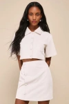 Lulus Undoubtedly Posh Cream Twill Pearl High-rise Mini Skirt In White
