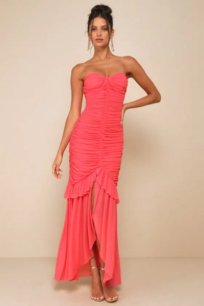 Lulus Unforgettable Beauty Coral Pink Mesh Ruched High-low Maxi Dress