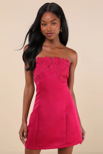 Lulus Unforgettable Icon Magenta Satin Strapless Floral Mini Dress