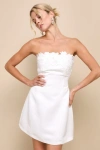 Lulus Unforgettable Icon White Satin Strapless Floral Mini Dress In White