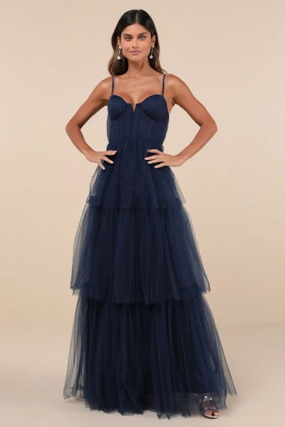Lulus Unforgettable Poise Navy Blue Tulle Bustier Tiered Maxi Dress