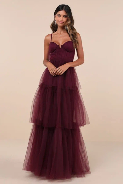 Lulus Unforgettable Poise Plum Purple Tulle Bustier Tiered Maxi Dress